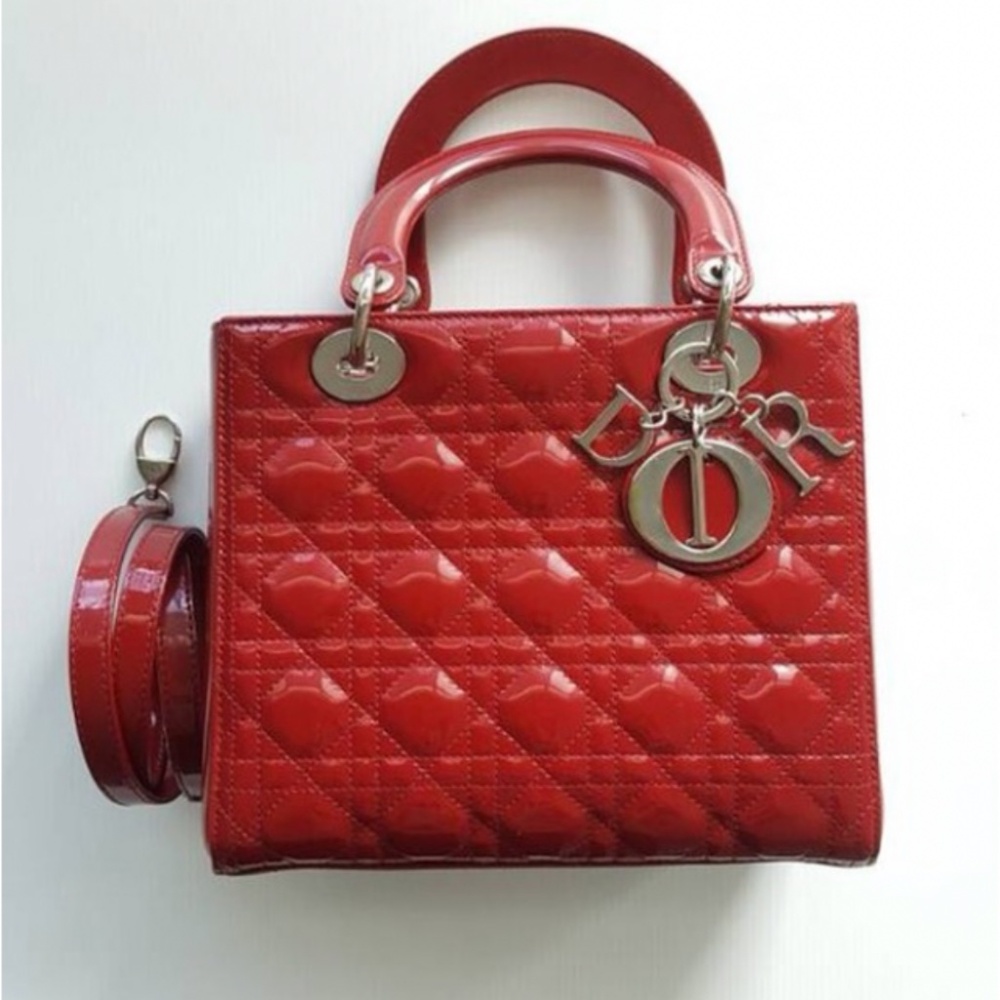 Medium Patent Leather Red Lady Dior Bag with Silver Tone Hardware